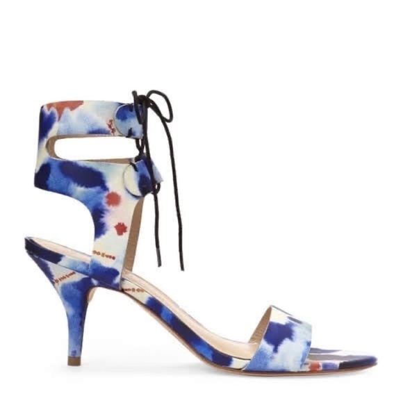 Loeffler Randall Blue Ink Ambrose Floral Sandals tie ankle strap kitten heel 9.5 - Picture 1 of 11